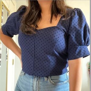 MAEVE SWISS DOT MILKMAID CORSET PUFF SLEEVES NAVY BLOUSE SZ SMALL EUC